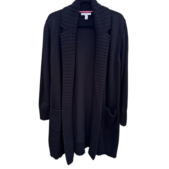 Isaac Mizrahi Live Sweaters - Isaac Mizrahi Womens Black Ribbed Open Front Knit Cardigan Sweater Pockets L